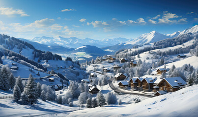 Winter landscape of a snow-covered village during the day.