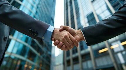 Business people shaking hands on office building background..