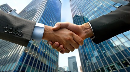 Business people shaking hands on office building background..