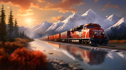 Papier Peint photo Lavende CN Rail Freight Train in Motion Against Scenic Landscape: A Fusion of Industrial Functionality and Natural Beauty