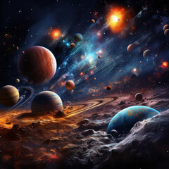 Vibrant Cosmic Dreamscape with Planetary Bodies and Stars

