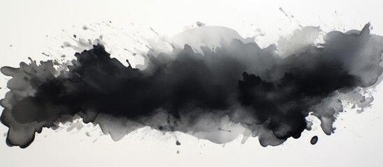 A black ink splash on a white background resembling a cumulus cloud in a snowy landscape, creating a striking meteorological phenomenon in an artful way