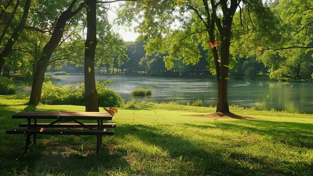 cozy picnic spot near a lake under the trees. seamless looping overlay 4k virtual video animation background