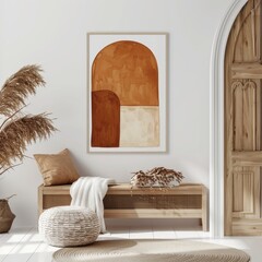 Abstract Art Display: Vibrant Painting on Bench in Living Room, high-resolution (300 dpi)