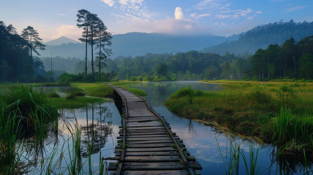 Serene wooden walkway meandering through a peaceful forested wetland with misty mountains in the distance.