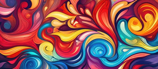 Zelfklevend Fotobehang A closeup of a vibrant painting with swirling waves in shades of magenta and electric blue, showcasing intricate patterns and symmetrical designs, created with watercolor paint © 2rogan