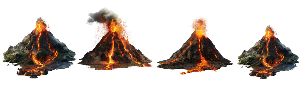 volcano eruption lava coming down a mountain isolated on a transparent or white background, png