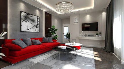 Modern interior of living room with red sofa 3d render
