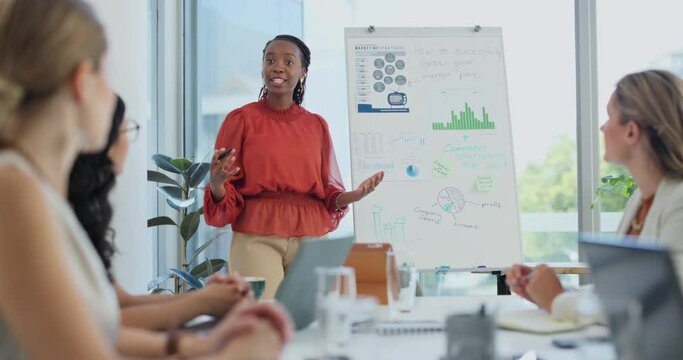 Businesswoman, presentation and boardroom collaboration or graphs as company growth, analytics or conversation. Female people, teamwork and financial strategy for startup project planning or results