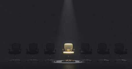 Job interview, recruitment concepts.Row of chairs with one odd one out. Job opportunity.Red chair in spotlight.Business leadership. recruitment concept.3D rendering and illustration. - 758486407