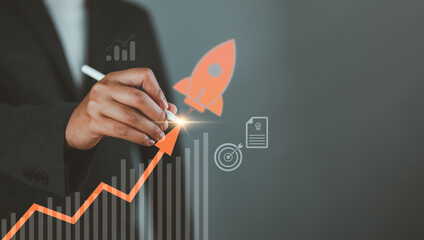 Businessman rocket launch investment growth, planning and starting corporate business start up...