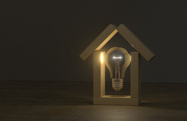 house shape made by wooden block with light bulb inside. energy saving concept. estate business conceptual. - 758486463