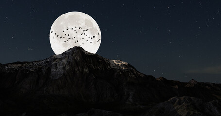 night design with big moon in the mountain digital art ,type painting ,3d illustration , high definition , wallpaper - 758486476