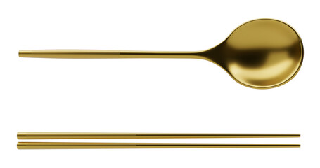 Gold Spoon and chopsticks isolated on white background. 3D illustration. - 758486614