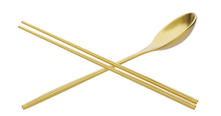 Gold Spoon and chopsticks isolated on white background. 3D illustration. - 758486674