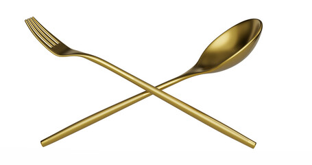 Gold Spoon and fork isolated on white background. 3D illustration. - 758486696