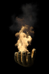 Gold hands with fire on black background. 3d illustration.