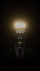 Light bulb head businessman isolated on black  background, 3D rendering. - 758486832