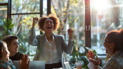 A group of business people are celebrating their success in an office setting, with one person holding up her fist and smiling at the camera. - obrazy, fototapety, plakaty
