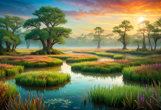 Mystical Marshlands Landscape, Landscape, Marshlands, Marsh, Wetland, Swamp, Mystical, Enchanted, Fantasy, Nature, Scenery, Ethereal, Magical, Surreal, Mysterious, AI Generated