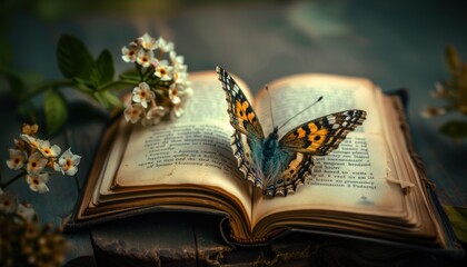 Open Story book with monarch butterfly. wallpaper of a book full of knowledge filled with butterfly
