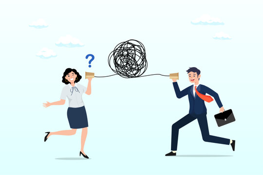 Businessman talking through messy chaos, tangled phone line make other confused, bad communication, misunderstanding create confusion in work, miscommunicate unclear message and information (Vector)