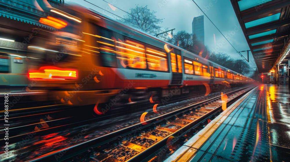Poster high-speed train passing through a station platform at dusk with motion blur effects.
