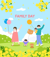 A template of a mother father and children happily holding balloons on a picnic