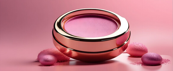 A vibrant image capturing a circular gold cosmetic case open to reveal luminous pink powder surrounded by textured spheres