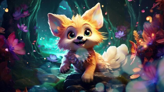 Adorable fluffy fox playing joyfully in the enchanted forest Seamless looping 4k time-lapse virtual video animation background. Generated AI