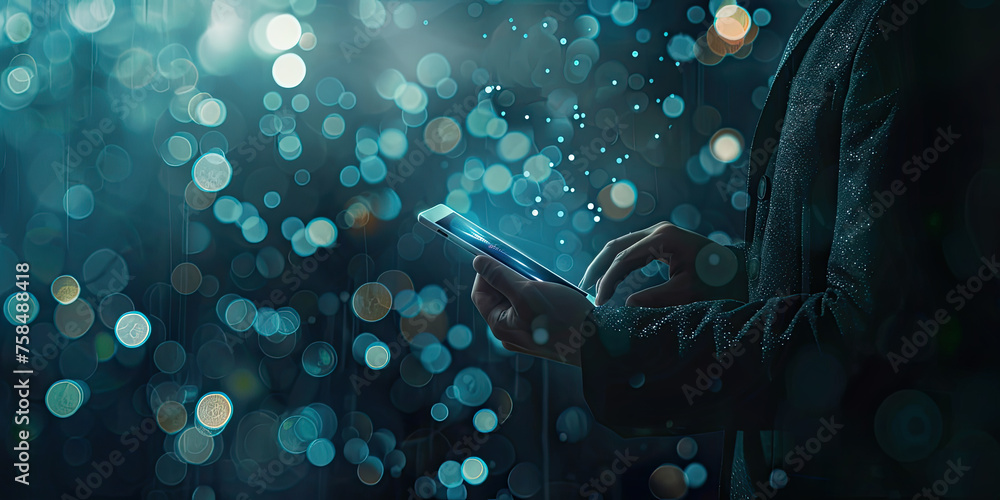 Aufkleber businessman using a tablet computer with abstract futuristic digital technology