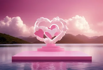 Foto op Canvas  3D podium pink display on water with white cloud and heart frame. Bright dreamy landscape © mohamedwafi