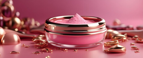 Pink fluffy cosmetic powder in a luxurious jar amidst golden confetti on a magenta backdrop
