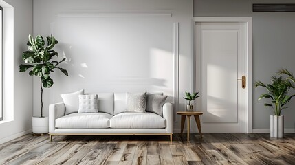 White velvet loveseat sofa, wooden cabinet and potted houseplant against venetian stucco wall. Scandinavian home interior design of modern living room.