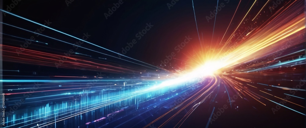 Poster abstract blue background with glowing rays suggesting energy and movement in space