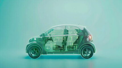 A compact electric car with a minimalist design, visible through a translucent layer of green tech circuits, against a pastel green background. 