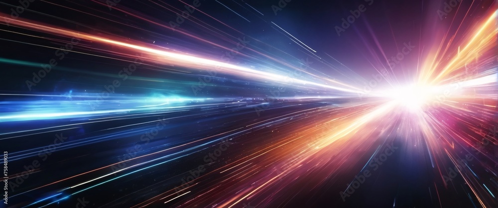Poster abstract blue background with glowing rays suggesting energy and movement in space