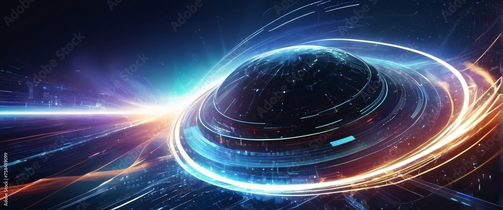 Poster abstract blue background with glowing rays suggesting energy and movement in space