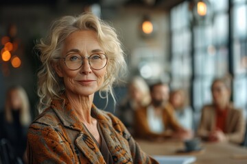 Obraz premium Elderly businesswoman in glasses stands in front of a boardroom table, engaged in a lively discussion with her team who sitting around desk. Leadership skills and strategic vision concept