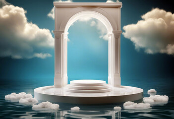 Obraz premium 3D podium display on water with glowing gate and clouds. Blue background with white curtain 