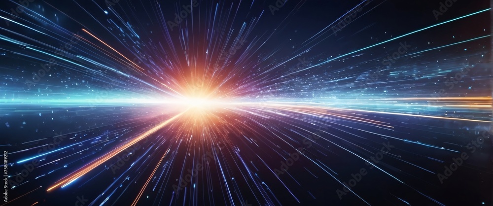 Poster abstract blue background with glowing rays suggesting energy and movement in space