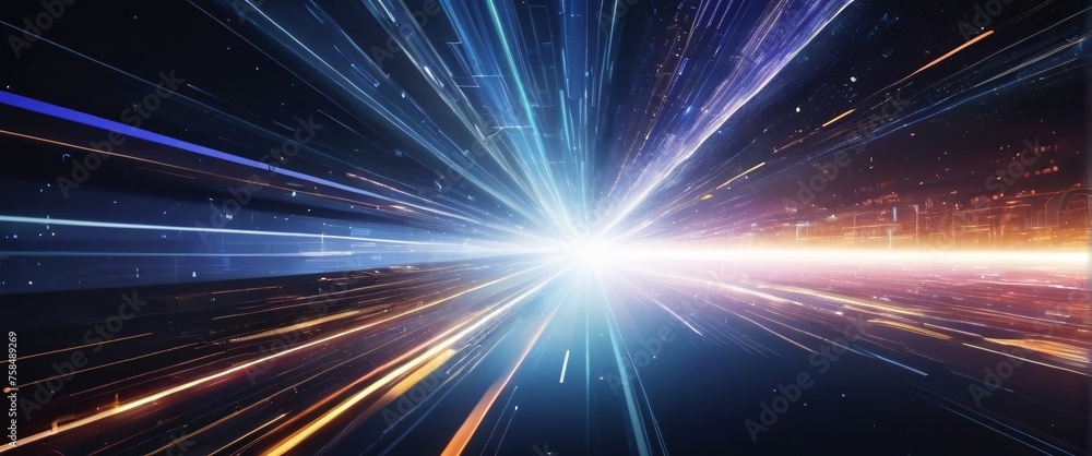 Poster abstract blue background with glowing rays suggesting energy and movement in space