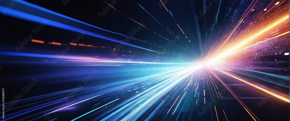 Poster abstract blue background with glowing rays suggesting energy and movement in space