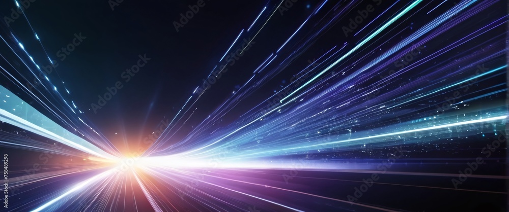 Poster abstract blue background with glowing rays suggesting energy and movement in space
