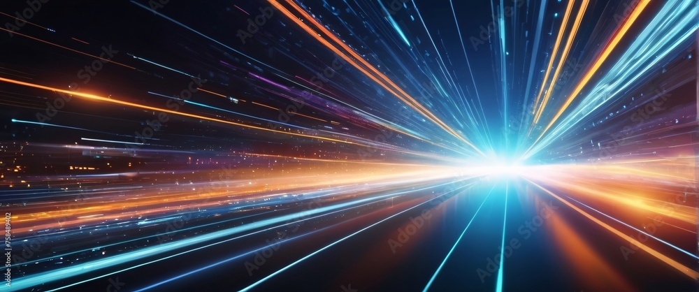 Poster abstract blue background with glowing rays suggesting energy and movement in space