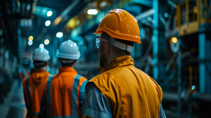 A group of engineers in hard hats having a discussion in a busy factory environment.