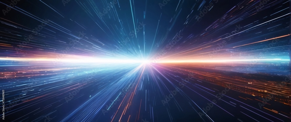 Poster abstract blue background with glowing rays suggesting energy and movement in space