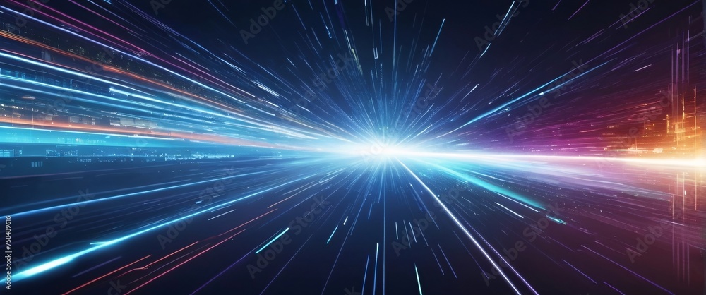 Poster abstract blue background with glowing rays suggesting energy and movement in space