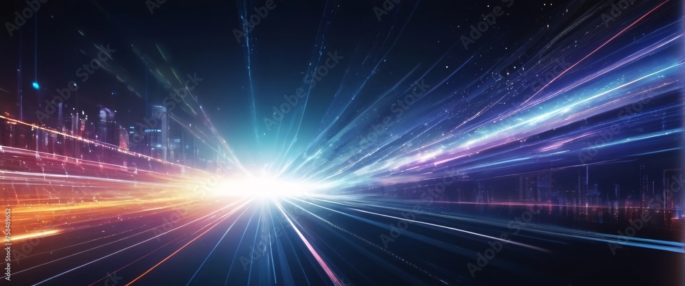 Poster abstract blue background with glowing rays suggesting energy and movement in space