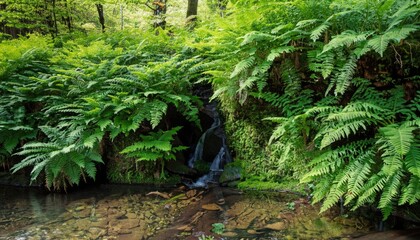 A wall of ferns surrounds a clear woodland stream